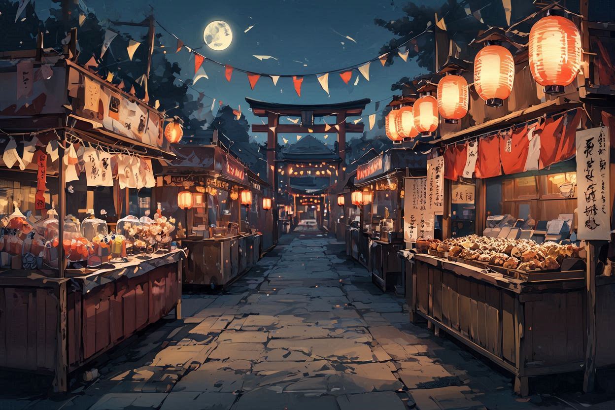 夜市・月明かり・和風のイラスト素材