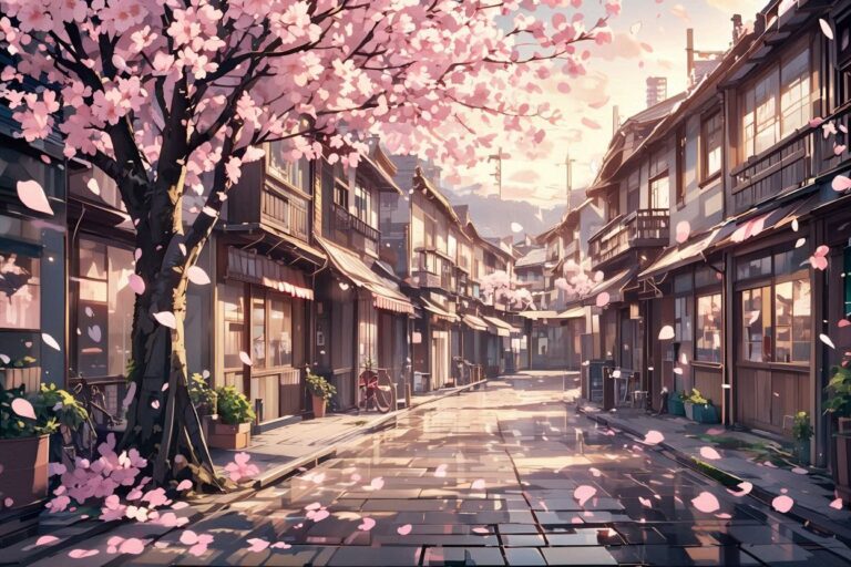 桜・町・道のイラスト素材｜商用利用可