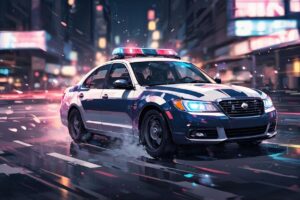 未来警察車・夜間都市・光の粒子のイラスト素材｜商用利用可