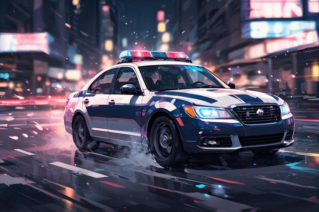 未来警察車・夜間都市・光の粒子のイラスト素材