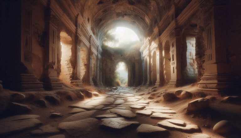 古代遺跡・光の通路・崩れた壁のイラスト素材|商用利用可