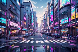 未来都市・ネオン光・雨の街のイラスト素材｜商用利用可