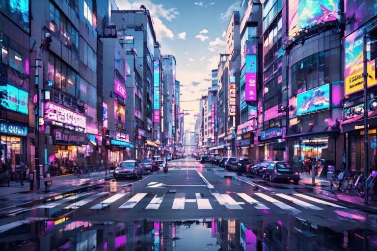 未来都市・ネオン光・雨の街のイラスト素材｜商用利用可