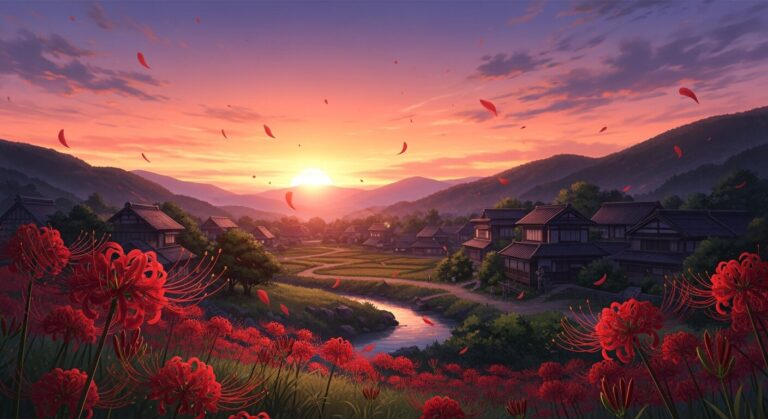 夕焼け・紅色の花・日本庭園風景のイラスト素材｜商用利用可