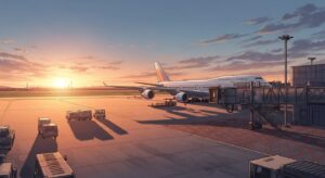 空港・夕焼け・旅客機のイラスト素材｜商用利用可