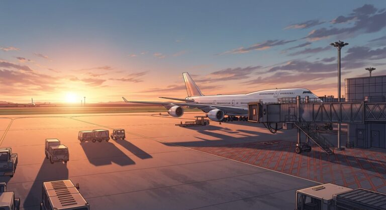 空港・夕焼け・旅客機のイラスト素材｜商用利用可