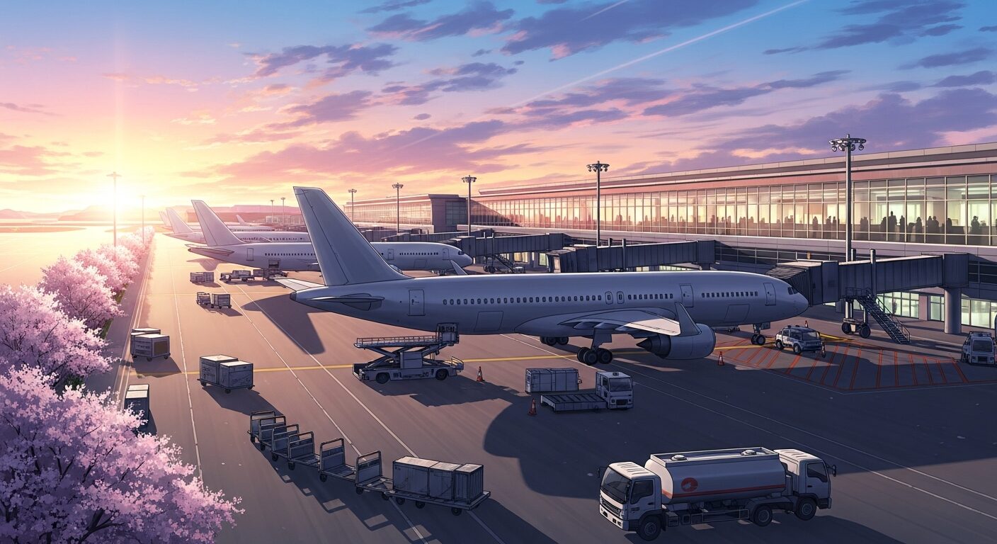 空港・桜・夕焼けのイラスト素材