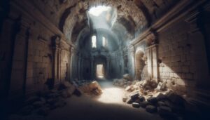 古代遺跡・崩壊した城・光の漏れのイラスト素材｜商用利用可