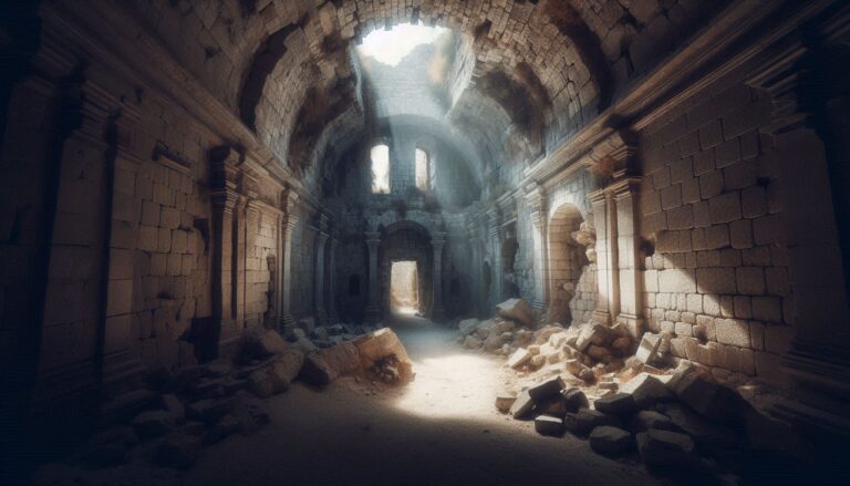 古代遺跡・崩壊した城・光の漏れのイラスト素材|商用利用可