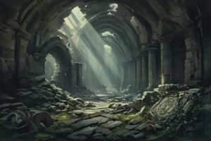 古代遺跡・崩壊した教会・光の通り道のイラスト素材｜商用利用可