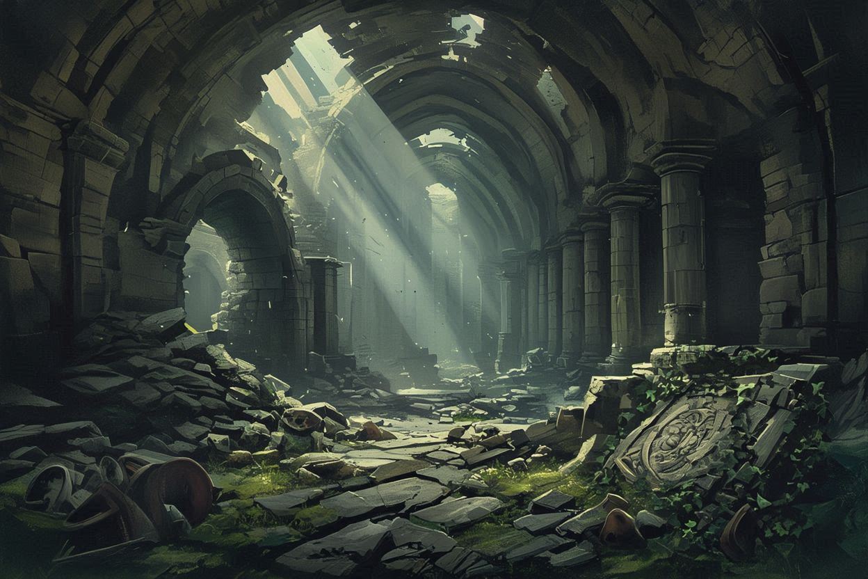 古代遺跡・崩壊した教会・光の通り道のイラスト素材