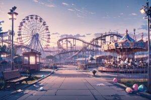 テーマパーク・夕焼け・回転木馬のイラスト素材｜商用利用可