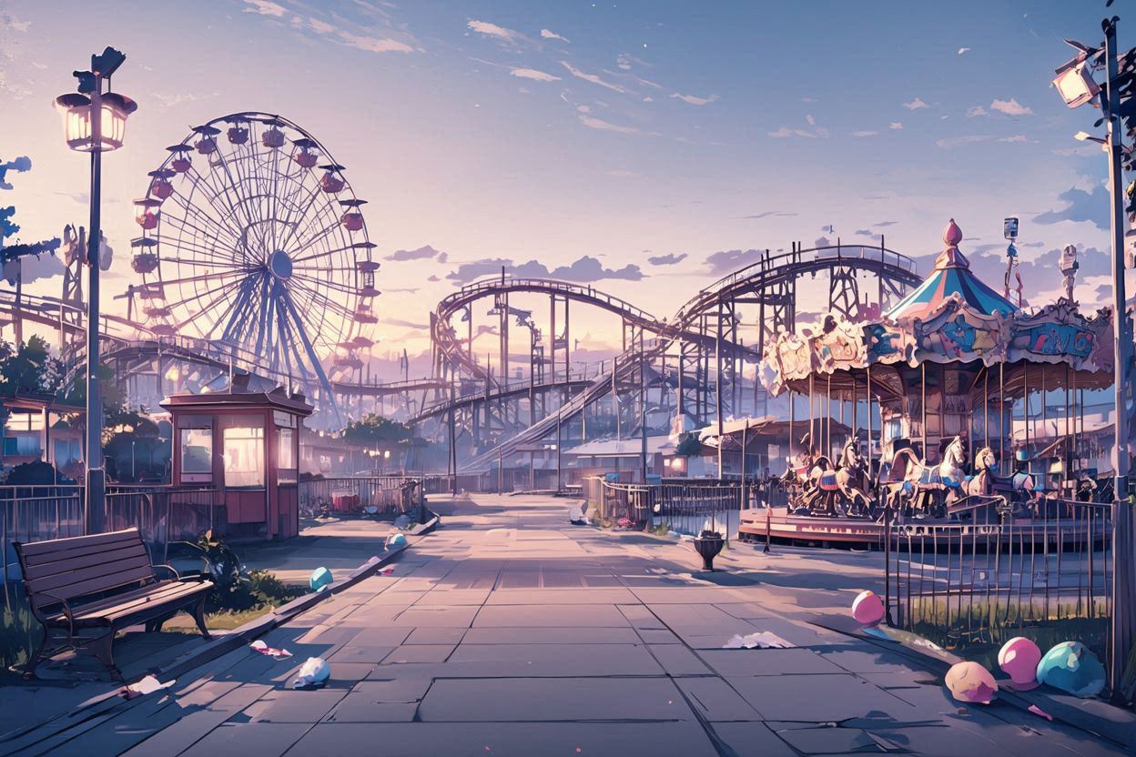 テーマパーク・夕焼け・回転木馬のイラスト素材