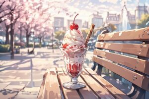 春のカフェ・アイスクリーム・桜の公園のイラスト素材｜商用利用可