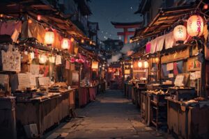 夜市の灯り・古都の街並み・祭りの雰囲気のイラスト素材｜商用利用可