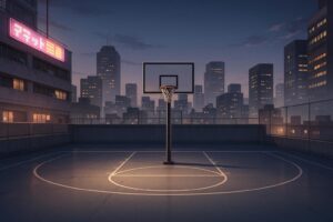 バスケットボールコート・高層ビル・ネオンサインのイラスト素材｜商用利用可