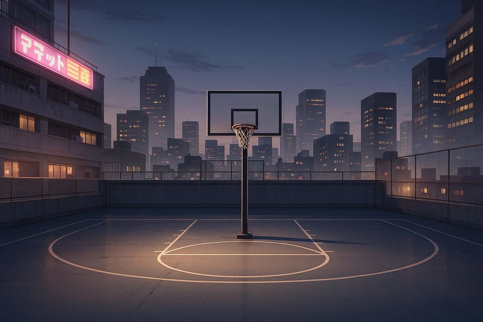 バスケットボールコート・高層ビル・ネオンサインのイラスト素材