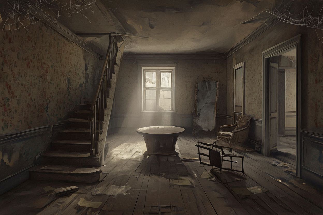 古廃住宅・朽ちかけの部屋・風化したインテリアのイラスト素材