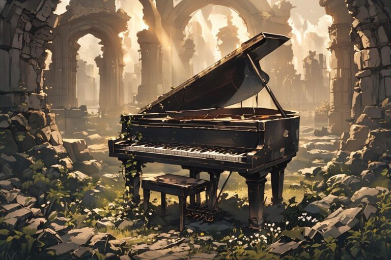 ピアノ・廃墟・植物のイラスト素材｜商用利用可