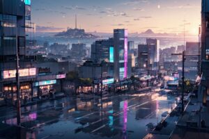 都市スカイライン・雨後の街・ネオン光のイラスト素材｜商用利用可