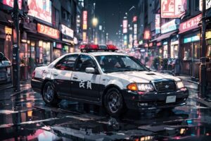 夜の都市・パトカー・雨の街のイラスト素材｜商用利用可