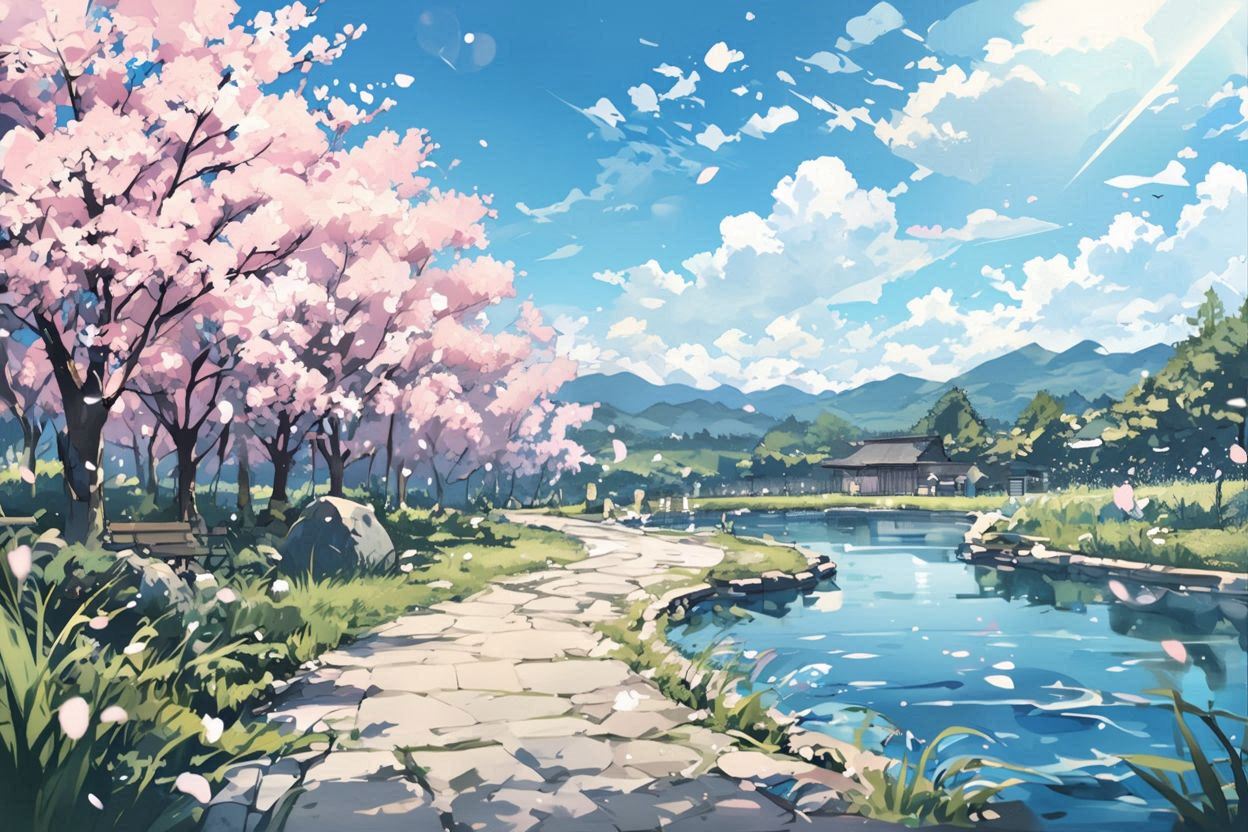 桜・池・石畳道のイラスト素材