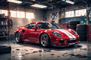 レッドスポーツカー・自動車整備工場・タイヤスタックのイラスト素材｜商用利用可