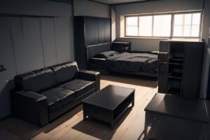 モダンな寝室・ダークなインテリア・シンプルな家具のイラスト素材｜商用利用可