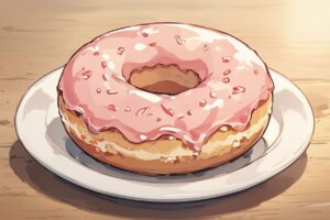 ドーナツ・ピンクカスタード・木のテーブルのイラスト素材｜商用利用可