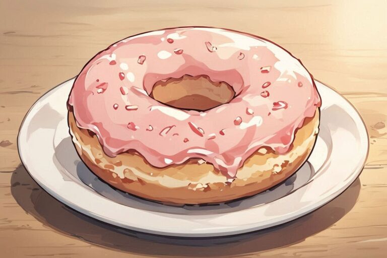 ドーナツ・ピンクカスタード・木のテーブルのイラスト素材｜商用利用可