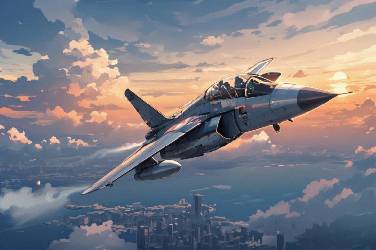 戦闘機・夕焼け・都市上空のイラスト素材｜商用利用可