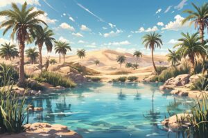 砂漠・ヤシの木・池のイラスト素材｜商用利用可