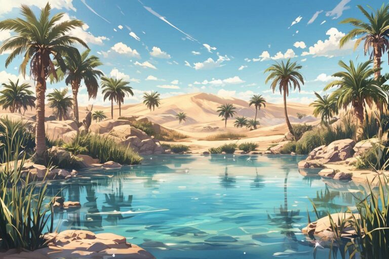 砂漠・ヤシの木・池のイラスト素材｜商用利用可