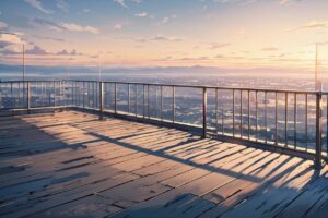 夕焼け・都市スカイライン・木のデッキのイラスト素材｜商用利用可