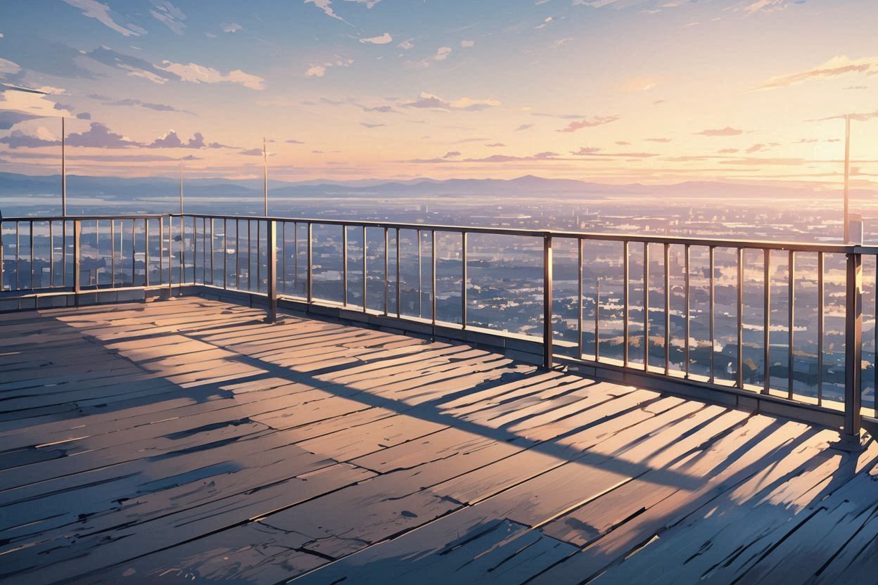 夕焼け・都市スカイライン・木のデッキのイラスト素材