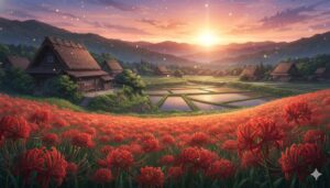 郷土・夕焼け・紅花のイラスト素材｜商用利用可