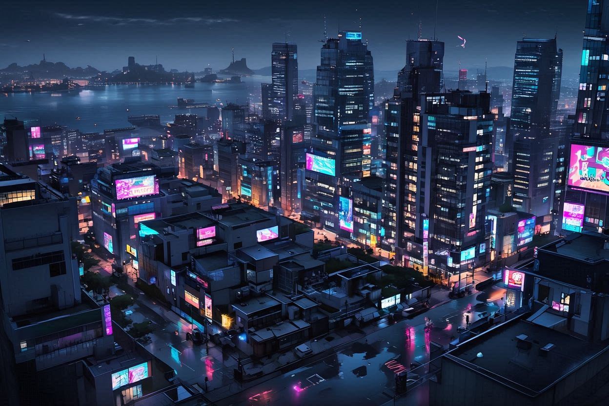 未来都市・ネオンライト・夜景のイラスト素材