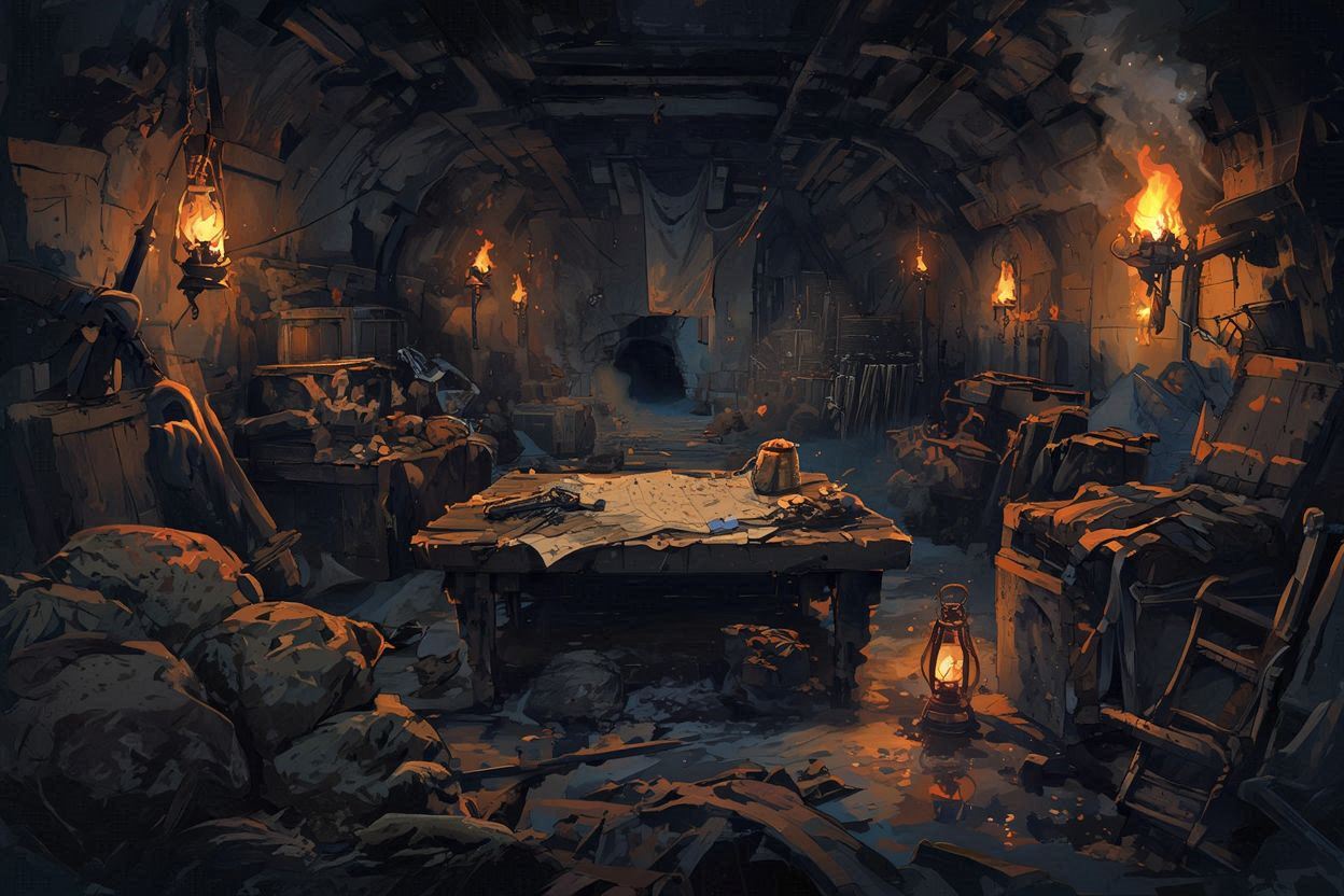 洞窟・テーブル・ランタンのイラスト素材