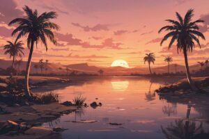 湖・パーム・夕日のイラスト素材｜商用利用可