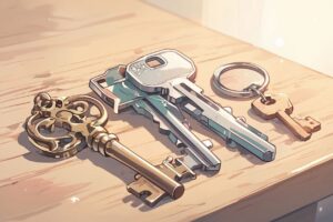 key・wooden_table・artistic_keychainのイラスト素材｜商用利用可