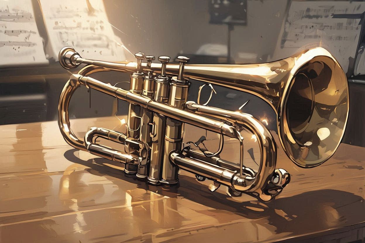 トランペット・楽譜・テーブルのイラスト素材