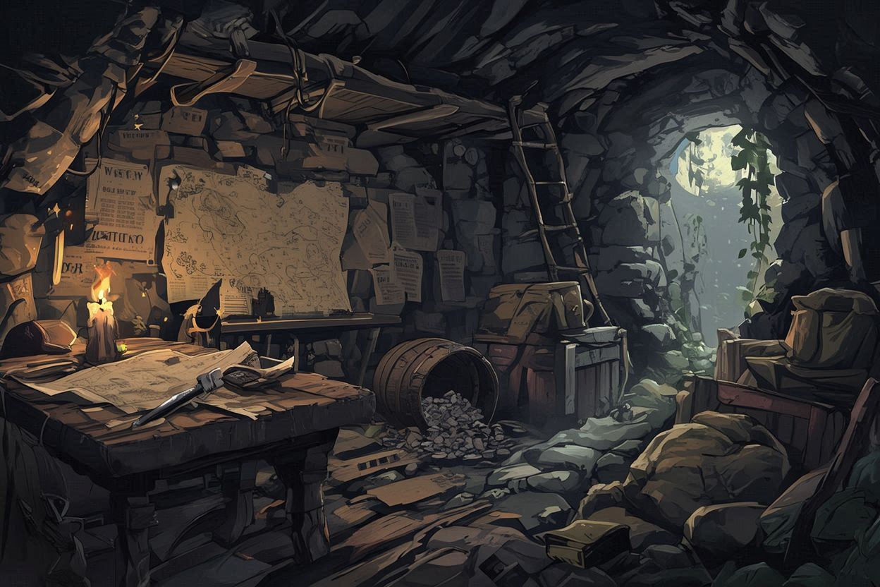 洞窟・テーブル・地図のイラスト素材