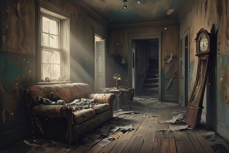 荒廃した家・光の道・古びた家具のイラスト素材｜商用利用可