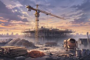 建設現場・クレーン・夕焼けのイラスト素材｜商用利用可