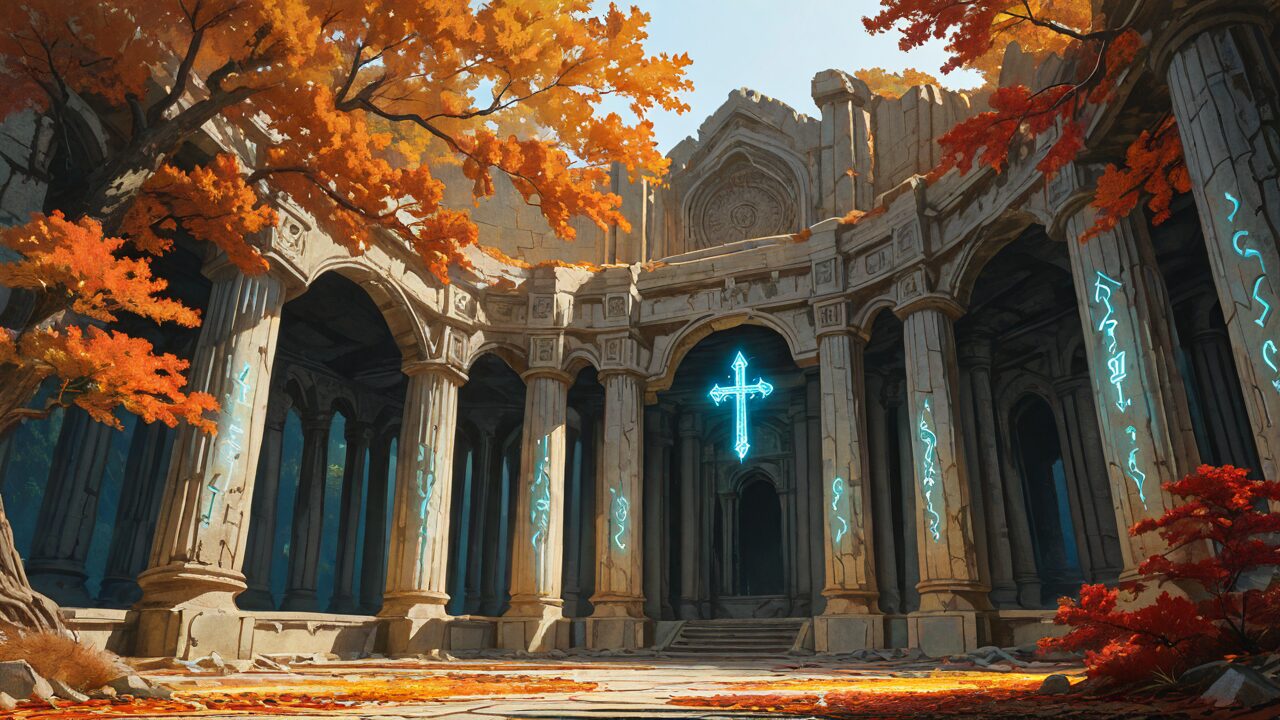 寺院・柱・秋の木のイラスト素材